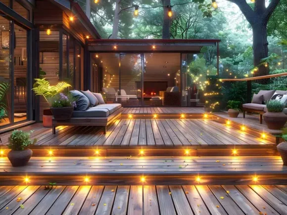 Tranquil outdoor living space with cozy lighting on a wooden dec